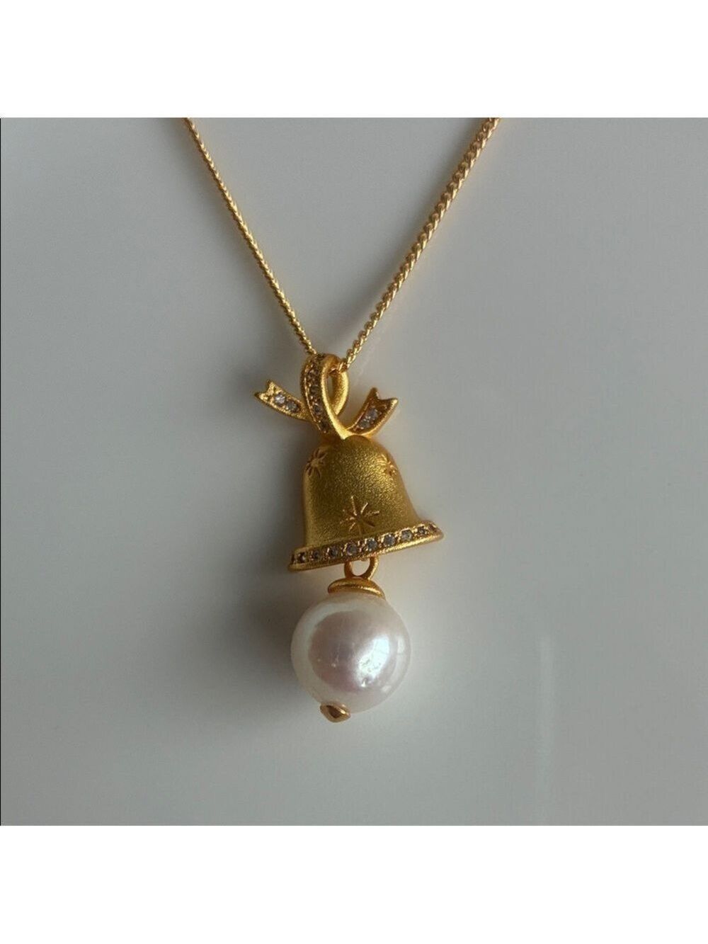 Gold-Plated Christmas Bell Pendant with Freshwater Pearl| Christmas jewelry gift